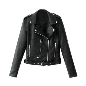 OEAK 2019 Fashion Women Autumn Winter Black Faux Leather Jackets Zipper Basic Coat Turn-down Collar Biker Jacket With Blet